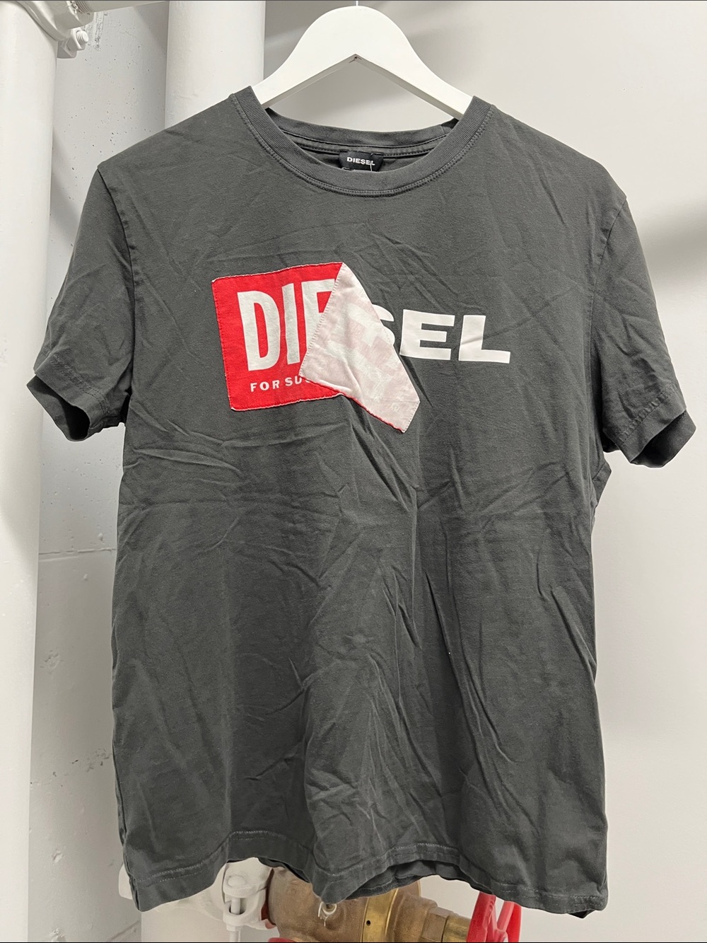 Diesel Gray Short Sleeve Logo Crewneck Tee with Red Patch